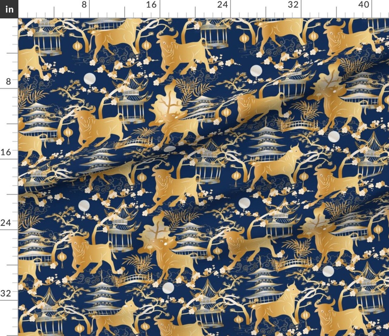 Year Toile Chinoiserie Lunar Japanese Pagoda Gold Blue Chinese Spring Landscape Custom Printed Fabric by Spoonflower Various Fabrics by the Yard or Fat Quarter